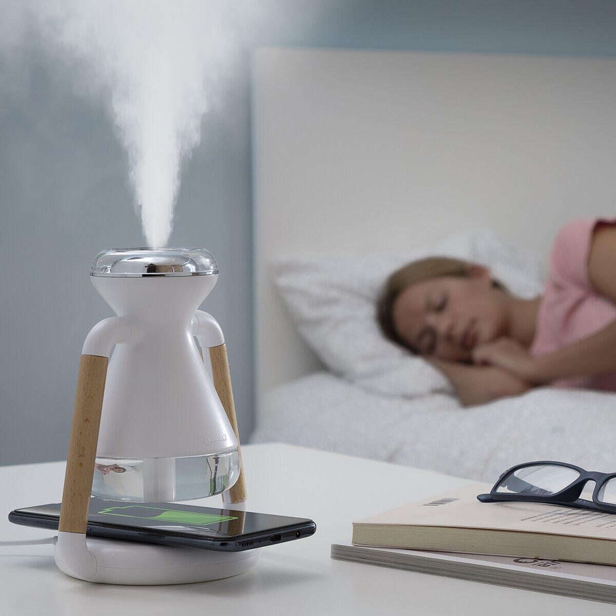 Humidificador, Difusor de Aromas e Carregador Sem Fios 3 em 1