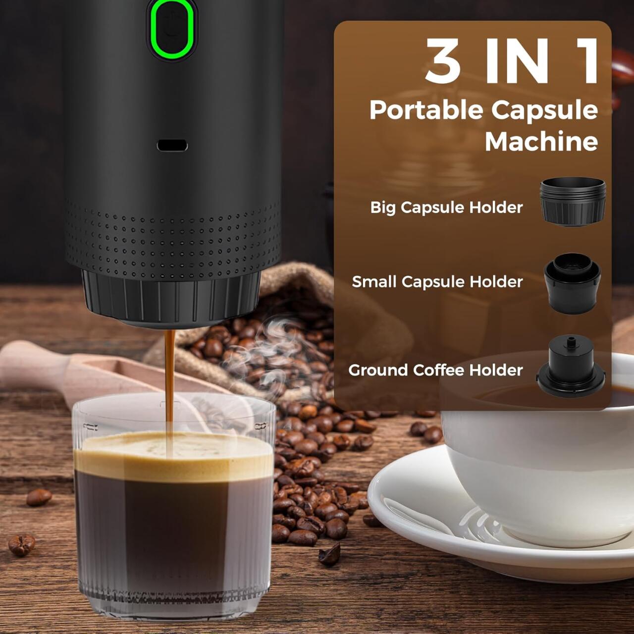 Cafeteira Portátil 3 em 1 – Máquina de Café Espresso Compacta e Recarregavel para Cápsulas